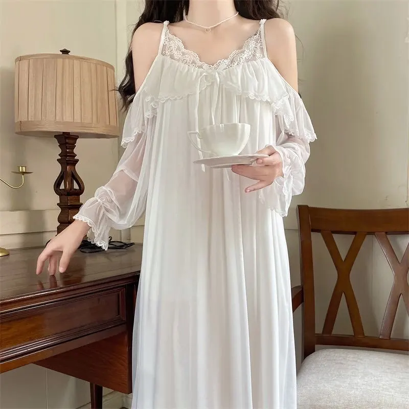 Womens Lace Nightgown Off-the-shoulder Home Dress
Womens Lace Nightgown Off-the-shoulder Home Dress