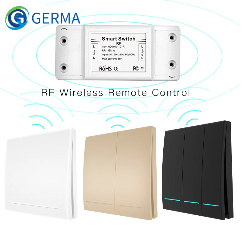 GERMA 433Mhz Wireless Smart Switch RF Remote Control Receiver Push Button Controller Wall Panel Transmitter for light lamp door
GERMA 433Mhz Wireless Smart Switch RF Remote Control Receiver Push Button Controller Wall Panel Transmitter for light lamp door