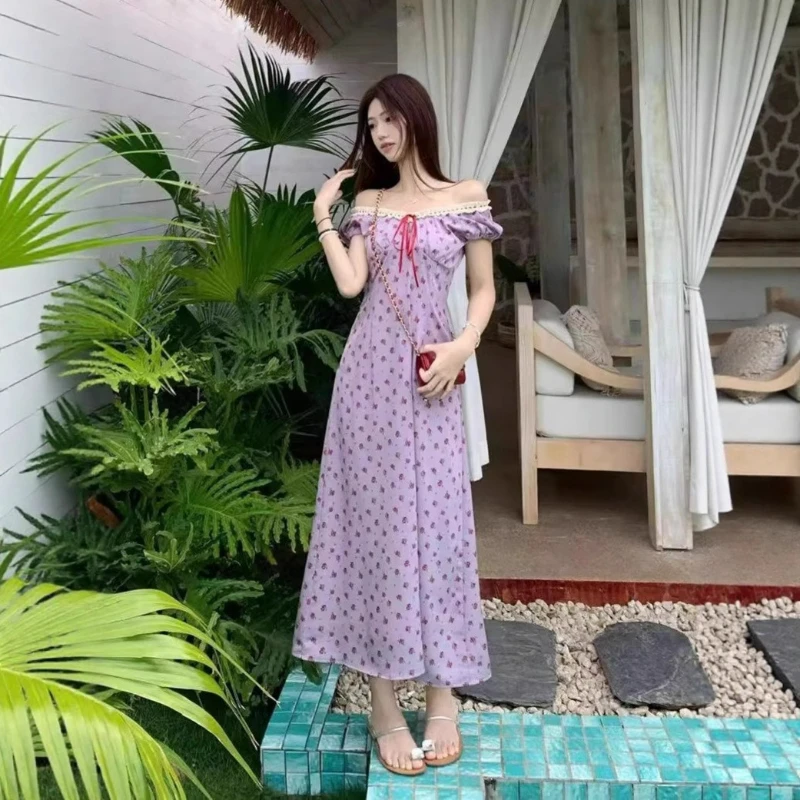 French Retro Lace V-neck Purple Floral Dress for Women's Summer New Temperament Waist Holiday Style A-shaped Long Dress Fashion 
French Retro Lace V-neck Purple Floral Dress for Women's Summer New Temperament Waist Holiday Style A-shaped Long Dress Fashion