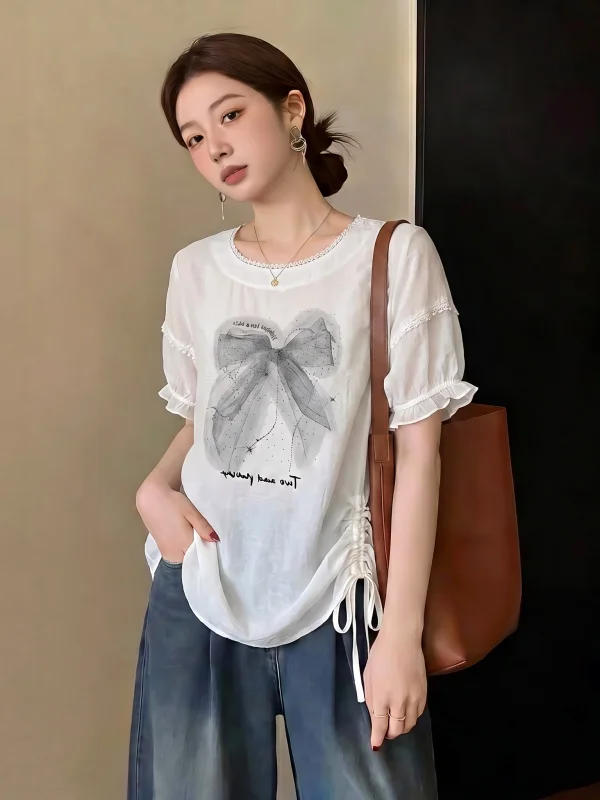 Sweet Knot Print Short Sleeve T-Shirt Women's Summer plus Size Loose Slimming Drawstring Top Korean Style Casual Wear
Sweet Knot Print Short Sleeve T-Shirt Women's Summer plus Size Loose Slimming Drawstring Top Korean Style Casual Wear