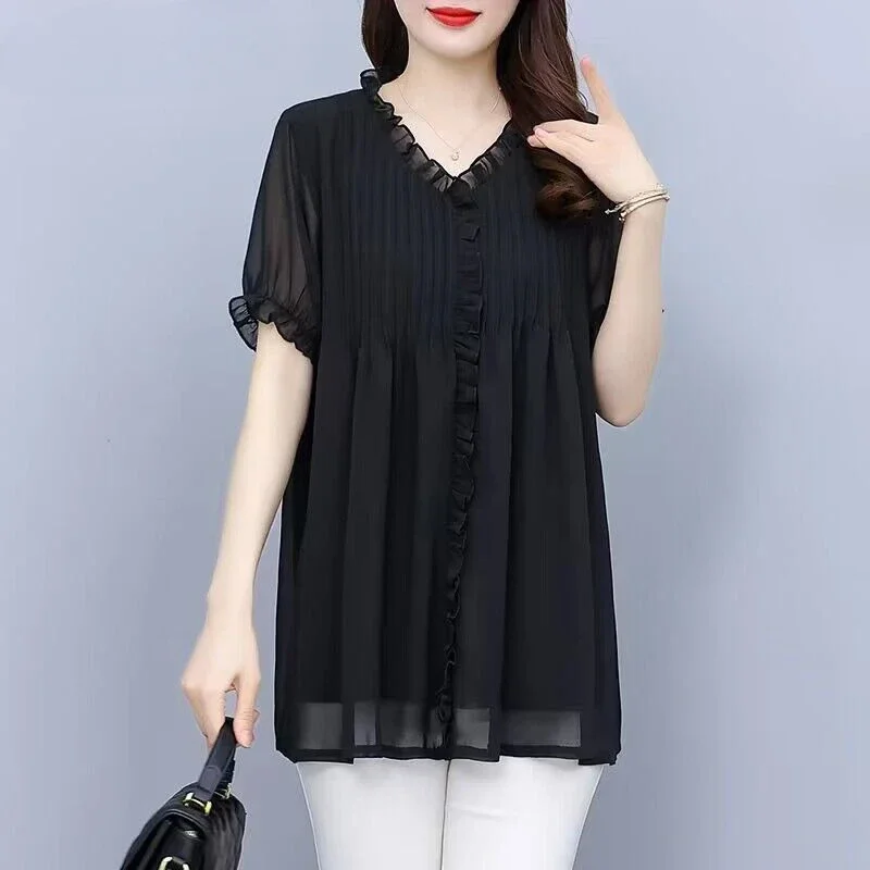 Summer Casual Black Loose Chiffon Shirts V Neck Short Sleeve Tunic Tops Blusas Mujer Women Korean Fashion Ruffle Elegant Blouses
Summer Casual Black Loose Chiffon Shirts V Neck Short Sleeve Tunic Tops Blusas Mujer Women Korean Fashion Ruffle Elegant Blouses