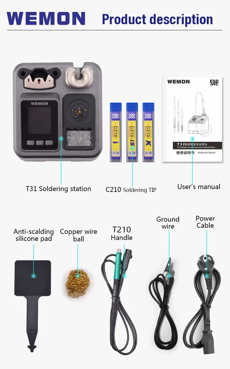 WEMON High Power 120W Intelligent Soldering Station Support C115 C210 C245 Soldering Iron Handle for JBC Aixun Welding Tools T31
WEMON High Power 120W Intelligent Soldering Station Support C115 C210 C245 Soldering Iron Handle for JBC Aixun Welding Tools T31
