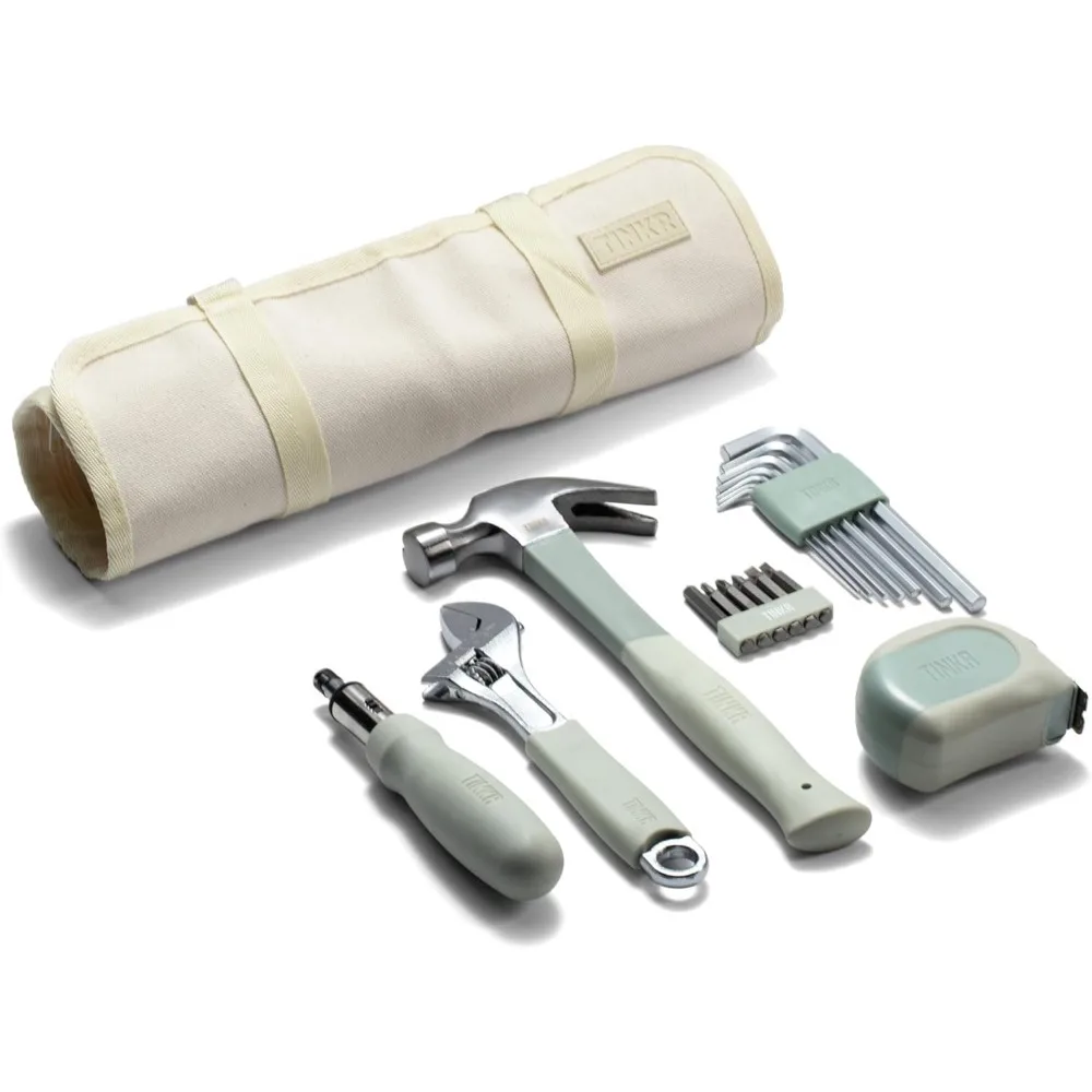 TINKR Home Essentials Tool Kit – Hammer, Ratchet Screwdriver, Tape Measure, Allen Keys & Wrench in Canvas Case. Modern Tool Set
TINKR Home Essentials Tool Kit – Hammer, Ratchet Screwdriver, Tape Measure, Allen Keys & Wrench in Canvas Case. Modern Tool Set