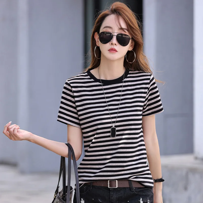 Women Black Striped T-shirt Summer New Fashion Classic O-Neck Short Sleeve Loose Cotton Tees Tops Casual Vintage Basic T-shirt
Women Black Striped T-shirt Summer New Fashion Classic O-Neck Short Sleeve Loose Cotton Tees Tops Casual Vintage Basic T-shirt