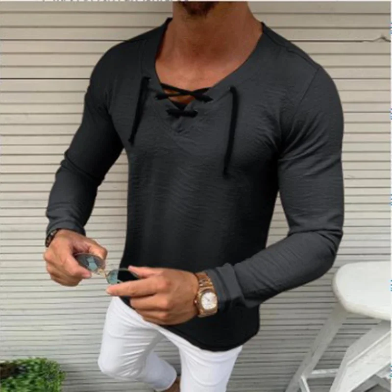 2024 Spring And Summer New Solid Color V-neck Long Sleeve Men's Shirt Fashion White Black Tops Bandage Collar Male Cloth Shirt
2024 Spring And Summer New Solid Color V-neck Long Sleeve Men's Shirt Fashion White Black Tops Bandage Collar Male Cloth Shirt