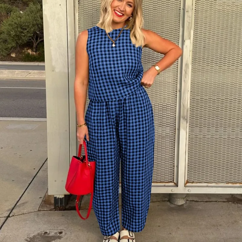 Women's Fashion Plaid Printed Sleeveless Pants Set Spring Summer O-neck Vest & Nine Point Pants Casual Home Wear Two Piece Set
Women's Fashion Plaid Printed Sleeveless Pants Set Spring Summer O-neck Vest & Nine Point Pants Casual Home Wear Two Piece Set