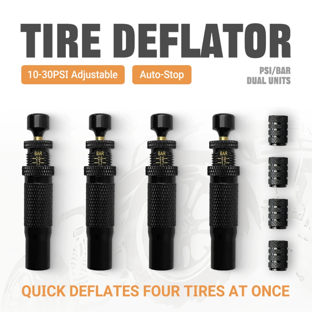 MIni Tire Pressure Reduction Kit 10-30 PSI/0.7-2.1 BAR Auto-Stop Deflator Valve Set for Offroad Motorcycle SUV and Truck Tires
MIni Tire Pressure Reduction Kit 10-30 PSI/0.7-2.1 BAR Auto-Stop Deflator Valve Set for Offroad Motorcycle SUV and Truck Tires