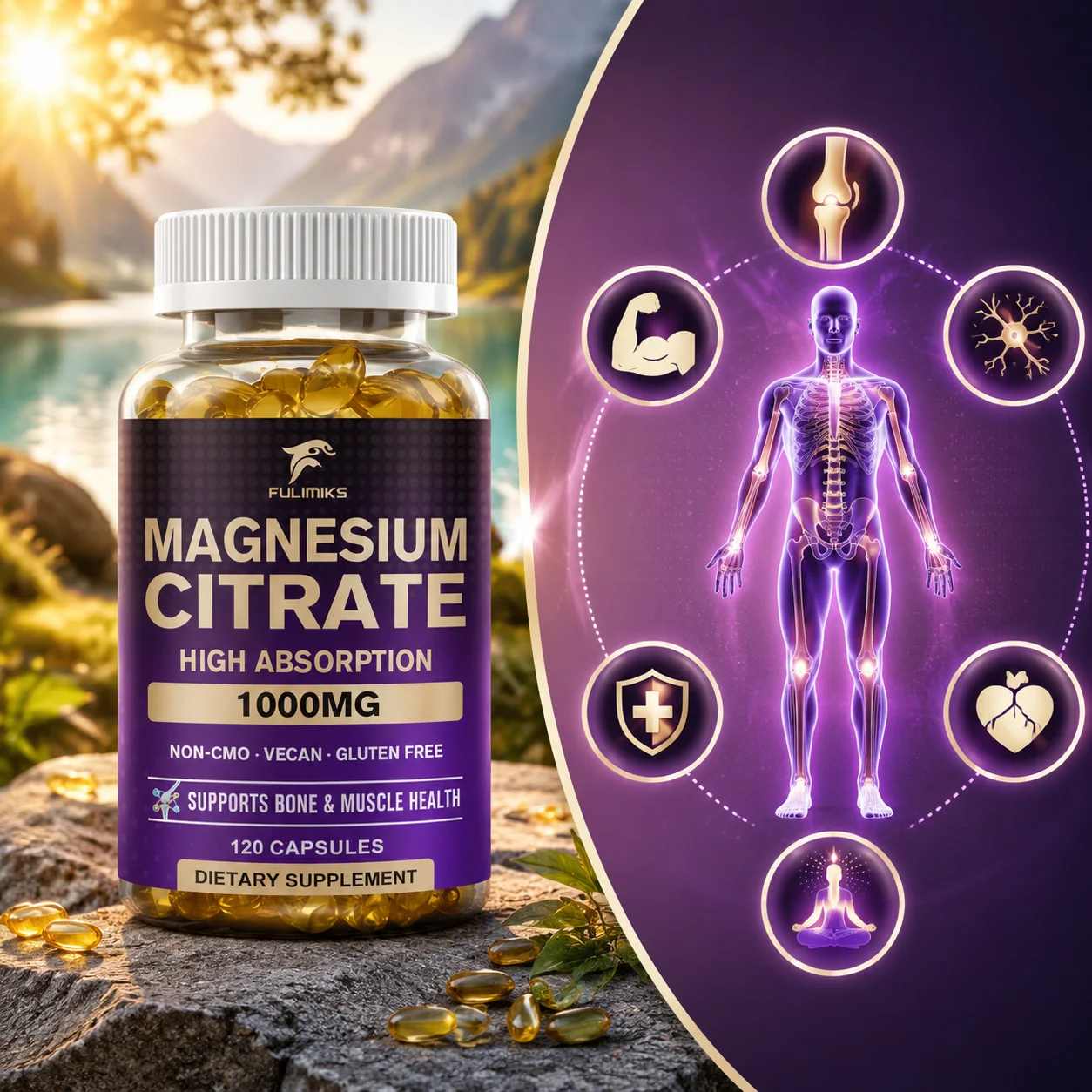 FULIMIKS Magnesium Citrate Supplement, Supports Muscle & Bone Health, Relaxation, Cardiovascular Function & Natural Energy
FULIMIKS Magnesium Citrate Supplement, Supports Muscle & Bone Health, Relaxation, Cardiovascular Function & Natural Energy