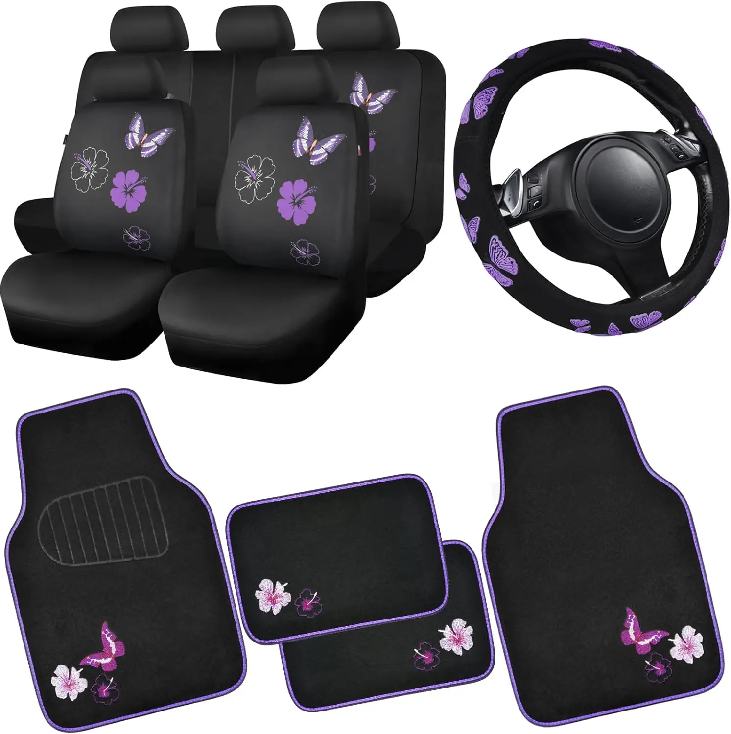 Universal Cloth Butterfly Car Seat Covers Full Set, Embroidered Flower Waterproof Floor Mats & Steering Wheel Cover for Car
Universal Cloth Butterfly Car Seat Covers Full Set, Embroidered Flower Waterproof Floor Mats & Steering Wheel Cover for Car