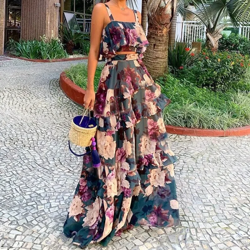 New European and American Fashion Beach Edge Fake Style Printed Two Piece Set with Strap Top, Cake Skirt, Long Skirt Set 2025
New European and American Fashion Beach Edge Fake Style Printed Two Piece Set with Strap Top, Cake Skirt, Long Skirt Set 2025