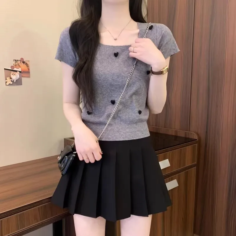 Women's Square Neck Knit Top with 3D Heart Detail - Casual Short Sleeve Slim Fit Crop Top for Summer, Soft Viscose Bl
Women's Square Neck Knit Top with 3D Heart Detail - Casual Short Sleeve Slim Fit Crop Top for Summer, Soft Viscose Bl