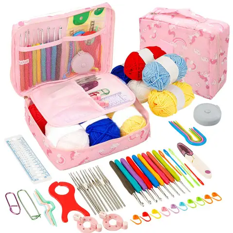 Crochet Kit Beginners Crochet Hook Set with Crochet Yarn,Portable Crochet Set Crochet Hooks Travel Knitting Crochet Supplies