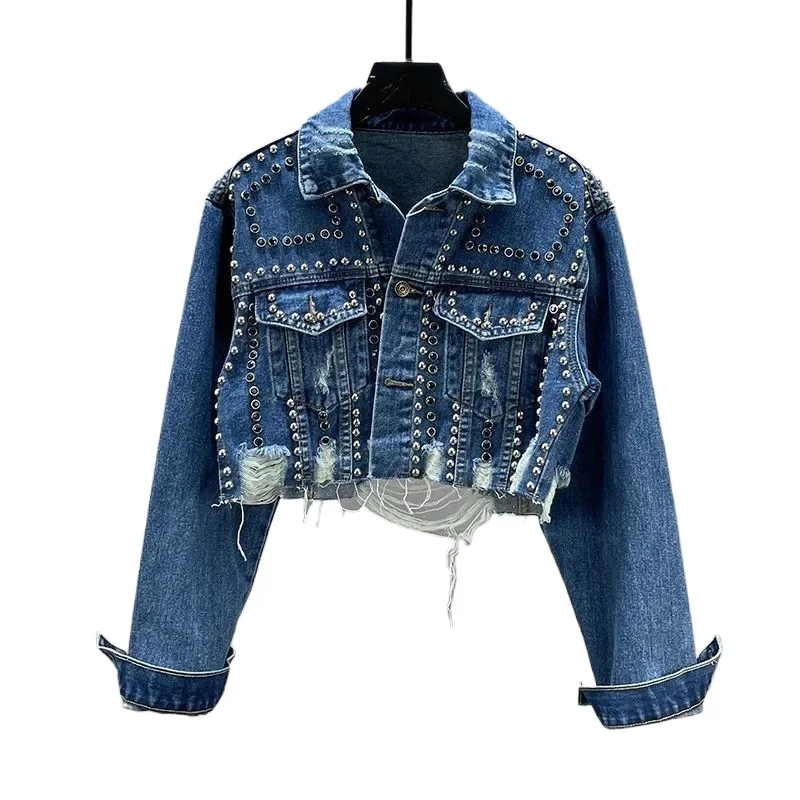 Spring Autumn New Heavy Industry Rivet Inlaid Diamond Cowboy Jacket Women's Ultra Short Wear Out Nail Bead denim Jackets Top
Spring Autumn New Heavy Industry Rivet Inlaid Diamond Cowboy Jacket Women's Ultra Short Wear Out Nail Bead denim Jackets Top