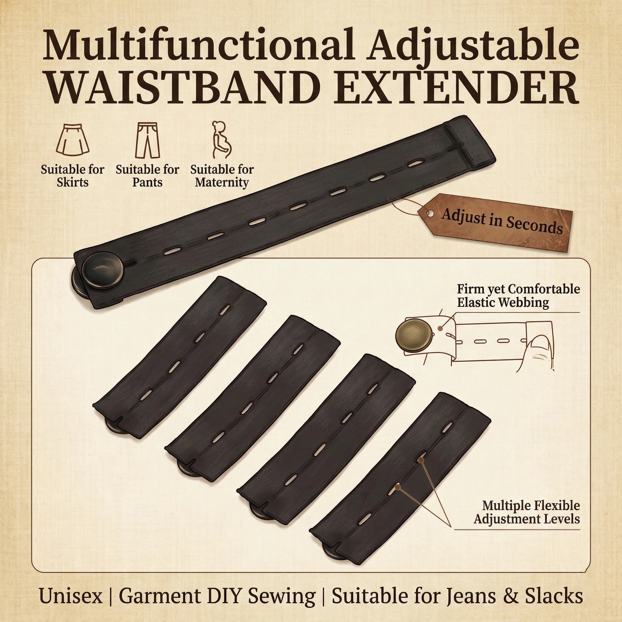Универсальный удлинитель пояса для брюк, джинсов, юбок, для беременных, с пуговицами, крючками, для шитья своими руками, 5 шт.
Универсальный удлинитель пояса для брюк, джинсов, юбок, для беременных, с пуговицами, крючками, для шитья своими руками, 5 шт.