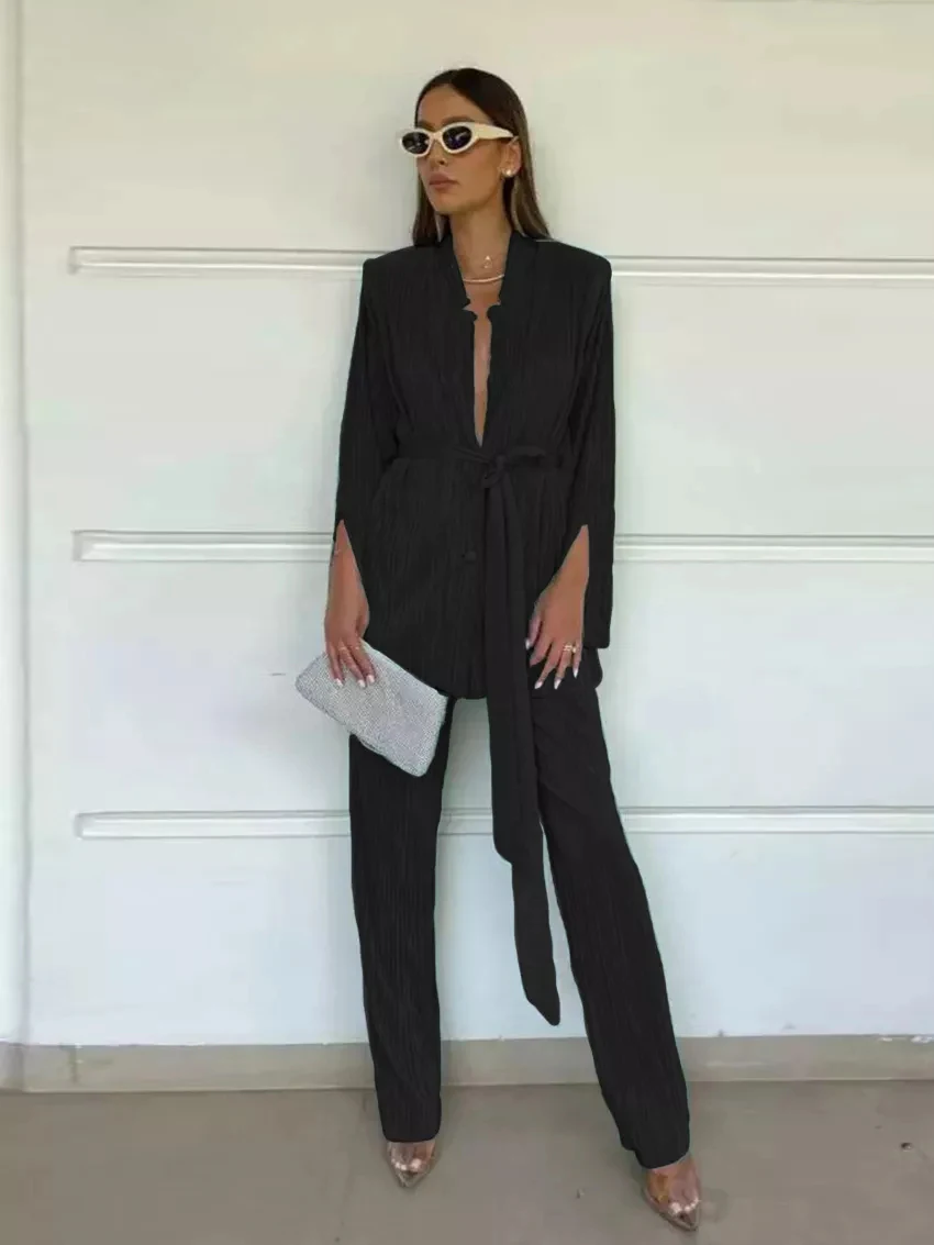 Green Pleated Women Pajamas Set High Waisted Slit Trosuer Suits Fashion Lace-Up Long Sleeve Sleepwear 2 Piece Sets Womens
Green Pleated Women Pajamas Set High Waisted Slit Trosuer Suits Fashion Lace-Up Long Sleeve Sleepwear 2 Piece Sets Womens