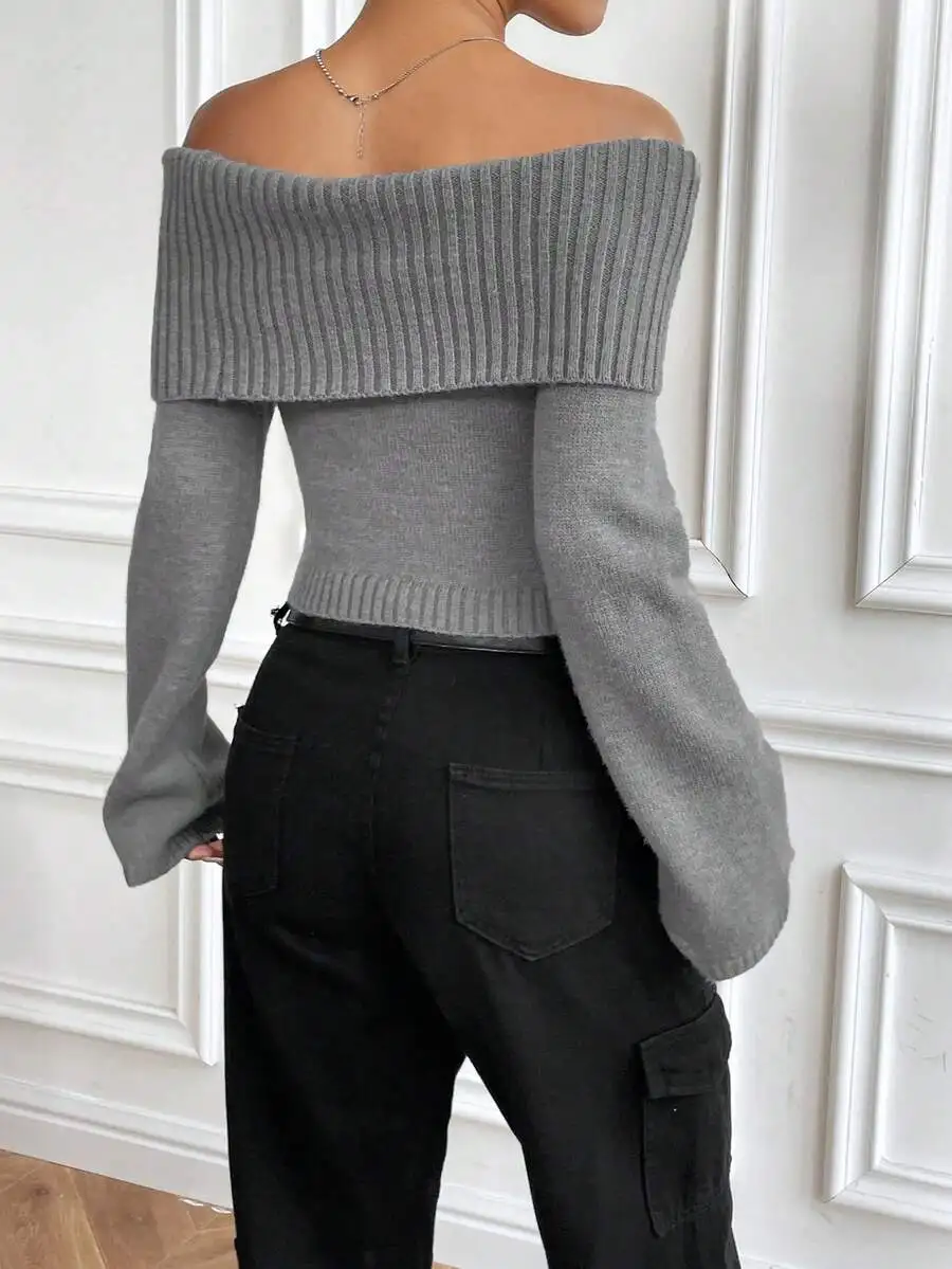 Women Off Shoulder Foldover Flare Sleeve Cropped Knit Sweater Solid Color Casual Autumn Winter
Women Off Shoulder Foldover Flare Sleeve Cropped Knit Sweater Solid Color Casual Autumn Winter