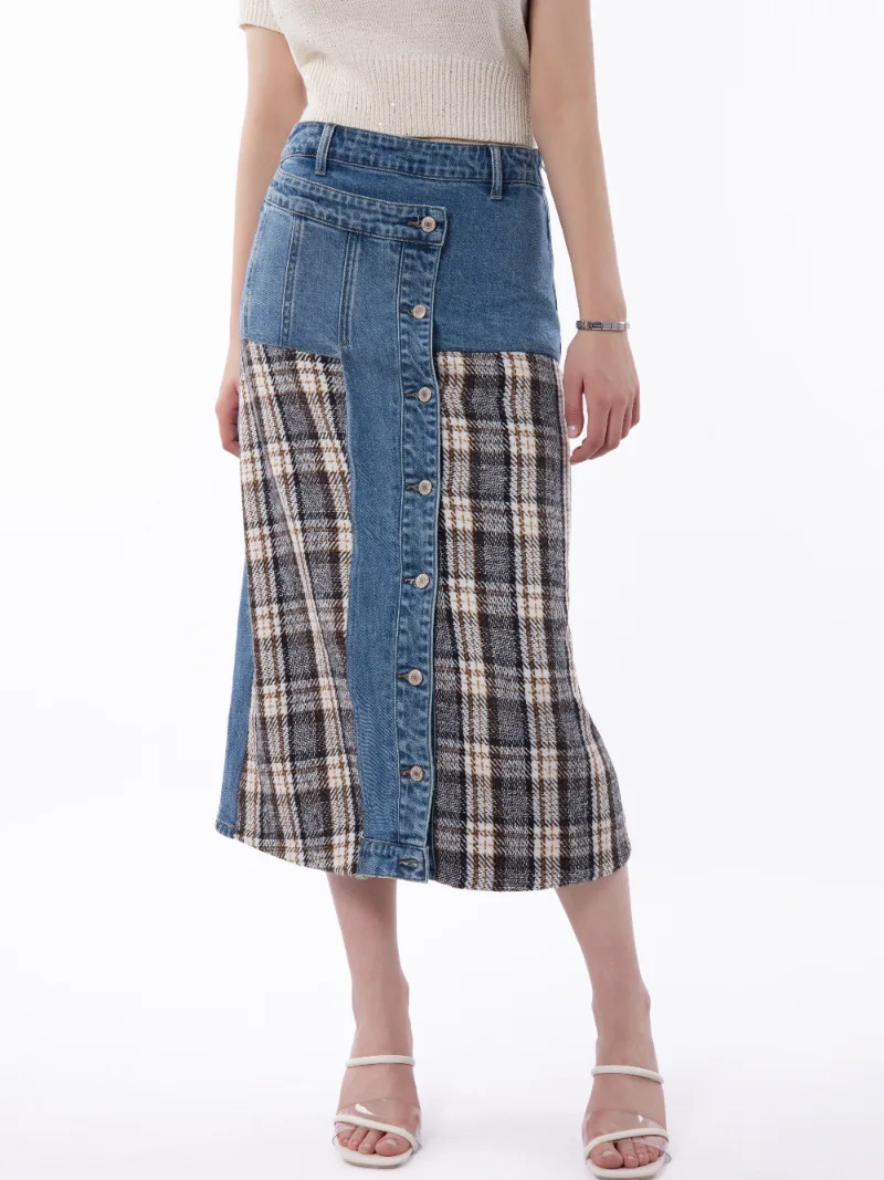 Women's Patchwork Denim & Plaid Midi Skirt Button High Waist Vintage Casual Chic Style Trendy A-Line Skirt Perfect For Daily
Women's Patchwork Denim & Plaid Midi Skirt Button High Waist Vintage Casual Chic Style Trendy A-Line Skirt Perfect For Daily