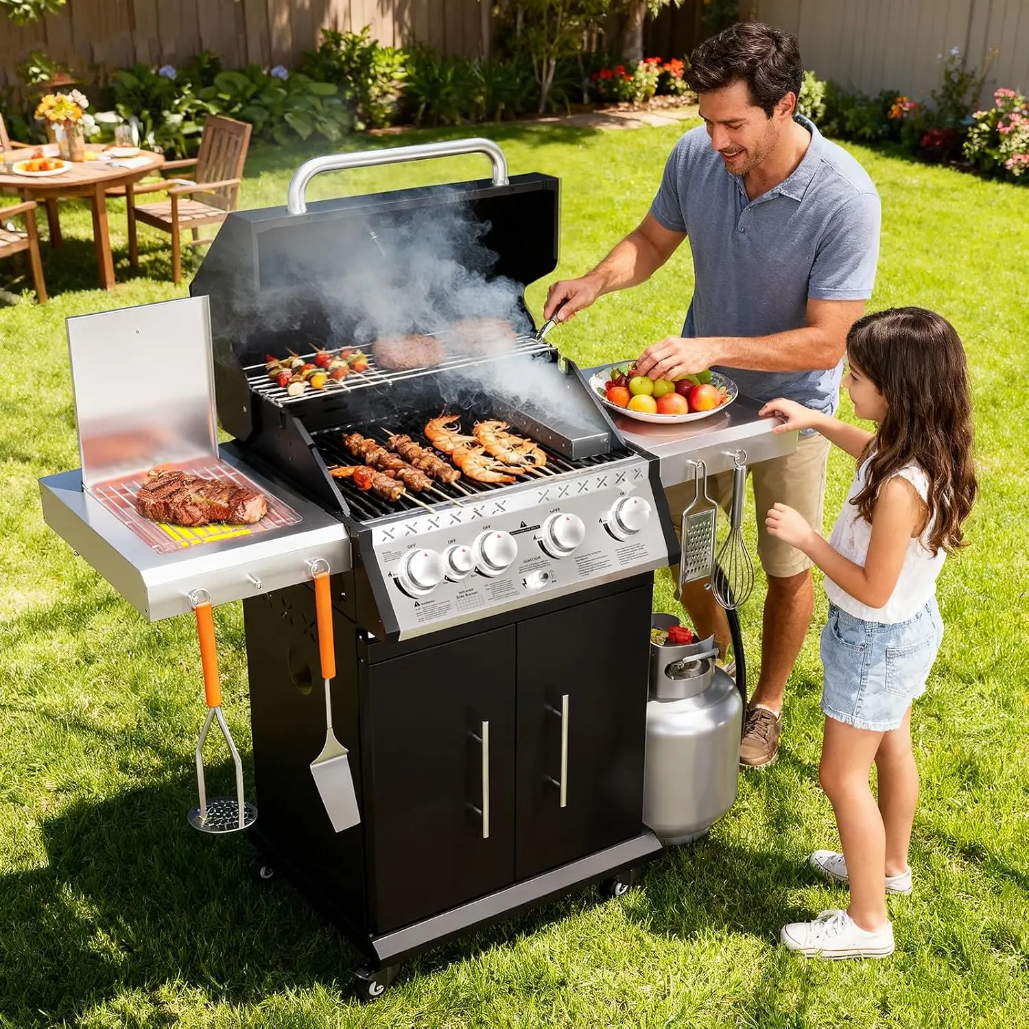4 Burner Propane Gas Grill with Infrared Side and Rear Burners, Outdoor BBQ Grill with Cast Iron Grates, Barbecue Grill with Whe
4 Burner Propane Gas Grill with Infrared Side and Rear Burners, Outdoor BBQ Grill with Cast Iron Grates, Barbecue Grill with Whe
