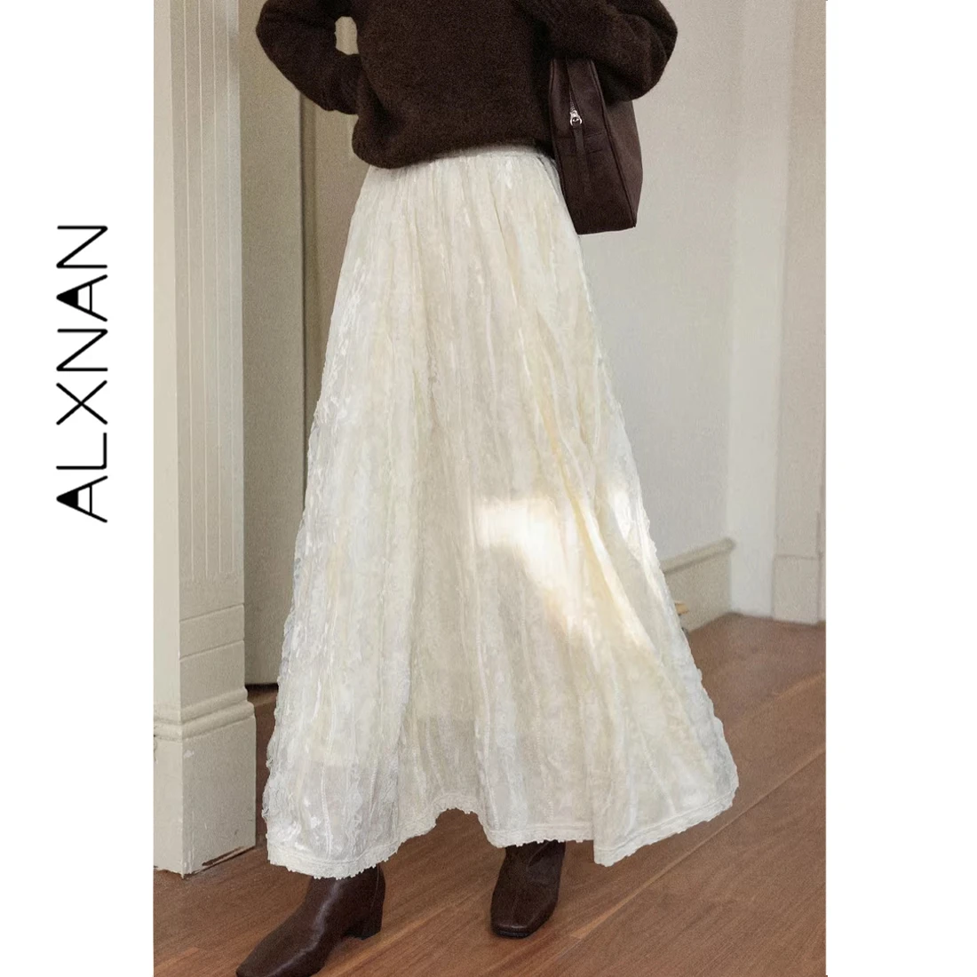 ALXNAN Women Velvet Maxi Skirt Soft Retro Warm Off White Lace Panel Elastic Waist A-line Ladies Elegant Flowy Long Skirt L60625
ALXNAN Women Velvet Maxi Skirt Soft Retro Warm Off White Lace Panel Elastic Waist A-line Ladies Elegant Flowy Long Skirt L60625