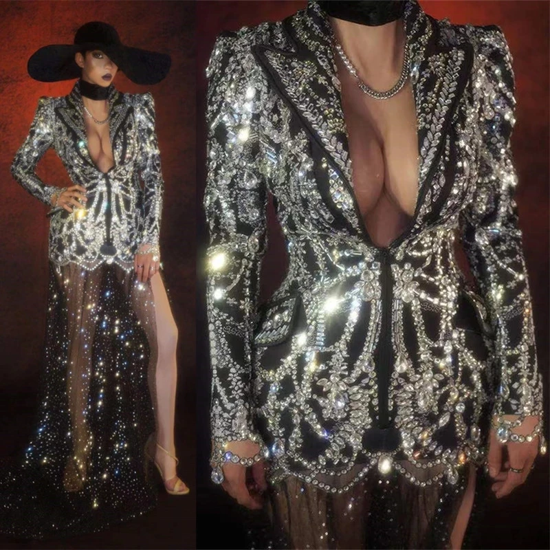 Sparkly Crystals Suit with Mesh Trailing Dress Women Deep V Crystal Coat Wedding Party Birthday Club Prom Costume Stage Outfit
Sparkly Crystals Suit with Mesh Trailing Dress Women Deep V Crystal Coat Wedding Party Birthday Club Prom Costume Stage Outfit