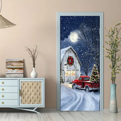 1 piece of Christmas decoration door stickers, New Year holiday decoration stickers, winter snow scenery red truck pattern stick
