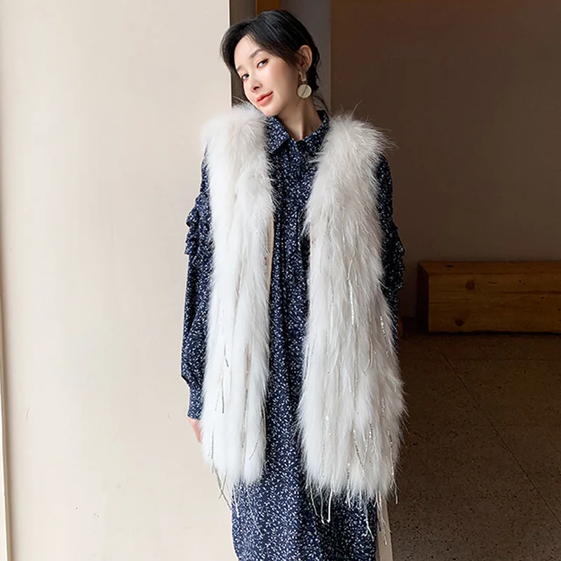 Autumn Raccoon dog Fur Coat and Winter Fashion Casual Stripe Tassel Sequins Women's Vest Waistcoat Medium Long Real Fur Jacket
Autumn Raccoon dog Fur Coat and Winter Fashion Casual Stripe Tassel Sequins Women's Vest Waistcoat Medium Long Real Fur Jacket