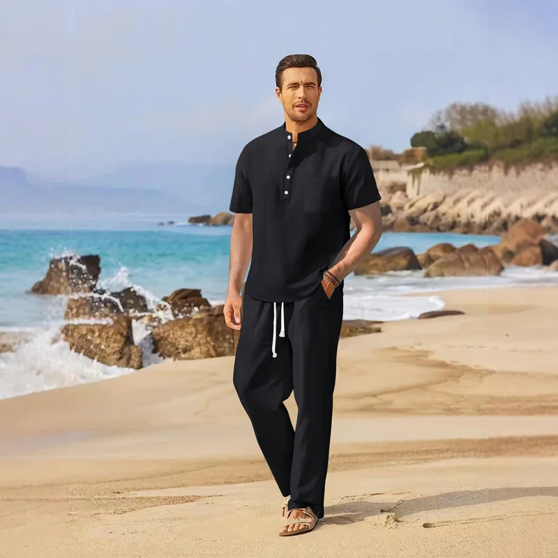 Men's lightweight luxury polo shirt set summer men's standing collar button pocket cotton linen short sleeved pants casual set
Men's lightweight luxury polo shirt set summer men's standing collar button pocket cotton linen short sleeved pants casual set