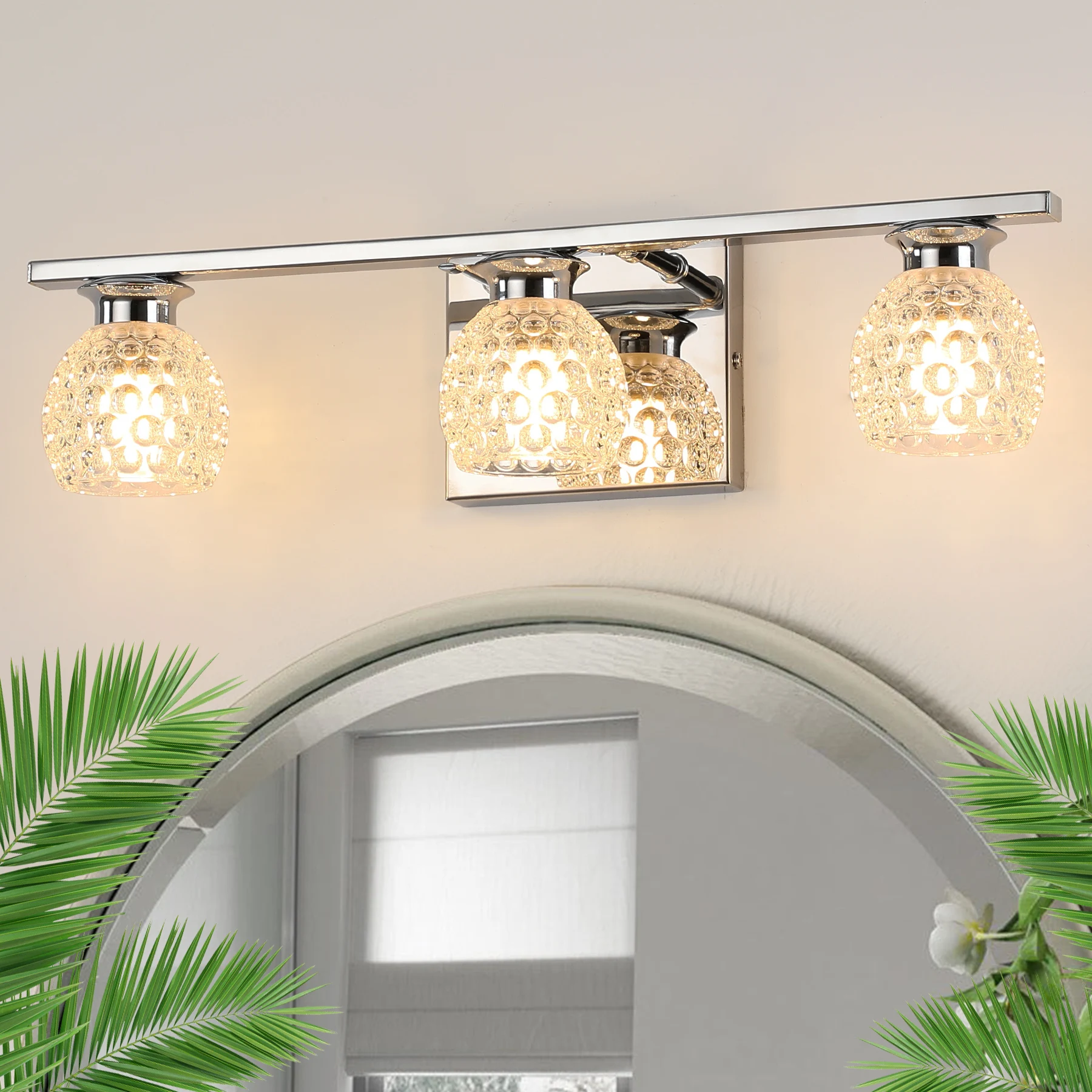 17.72" 3-Light Chrome Simple Premium Bathroom Vanity Light, Metal Frame & Glass Lampshade, Dimmable Mirror Lighting Fixture
17.72" 3-Light Chrome Simple Premium Bathroom Vanity Light, Metal Frame & Glass Lampshade, Dimmable Mirror Lighting Fixture