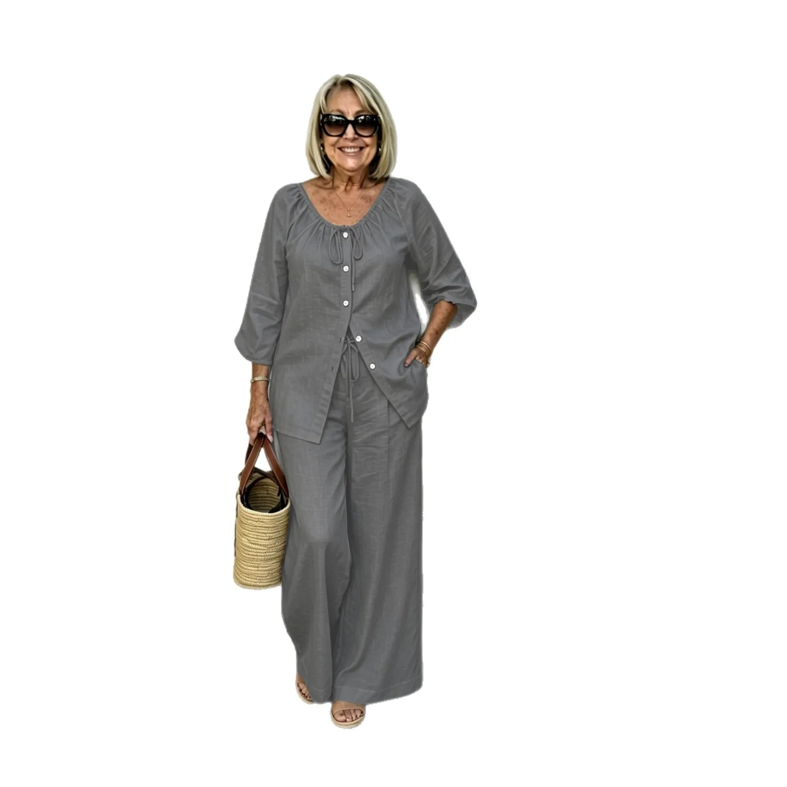 Women Sets Linen Blend Drawstring Waist Wide Leg Trousers Button Front Top Pockets Casual Pants Light Blue Relaxed Fit Long
Women Sets Linen Blend Drawstring Waist Wide Leg Trousers Button Front Top Pockets Casual Pants Light Blue Relaxed Fit Long