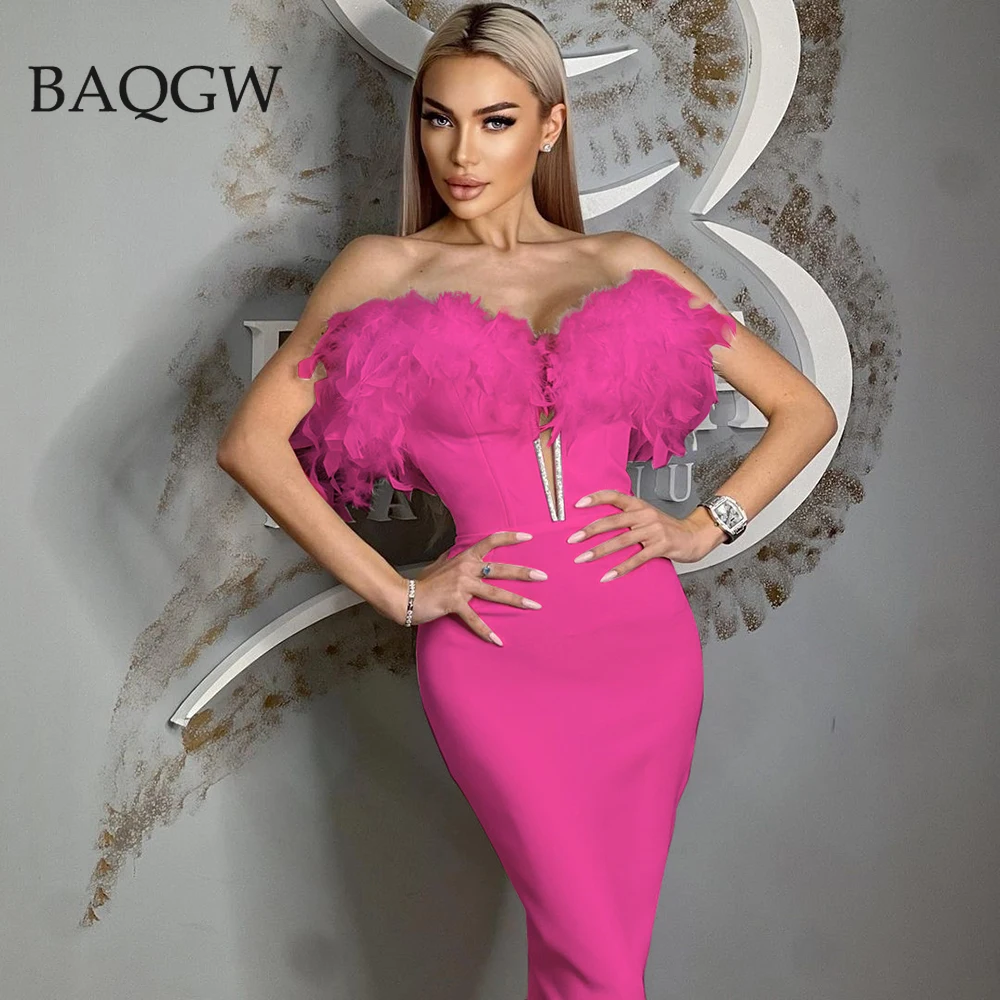 Women's Summer Sexy Strapless V-Neck Feather Patchwork Luxury Rose Red Black Midi Tight Bandage Dress 2023 Elegant Evening Dress
Women's Summer Sexy Strapless V-Neck Feather Patchwork Luxury Rose Red Black Midi Tight Bandage Dress 2023 Elegant Evening Dress