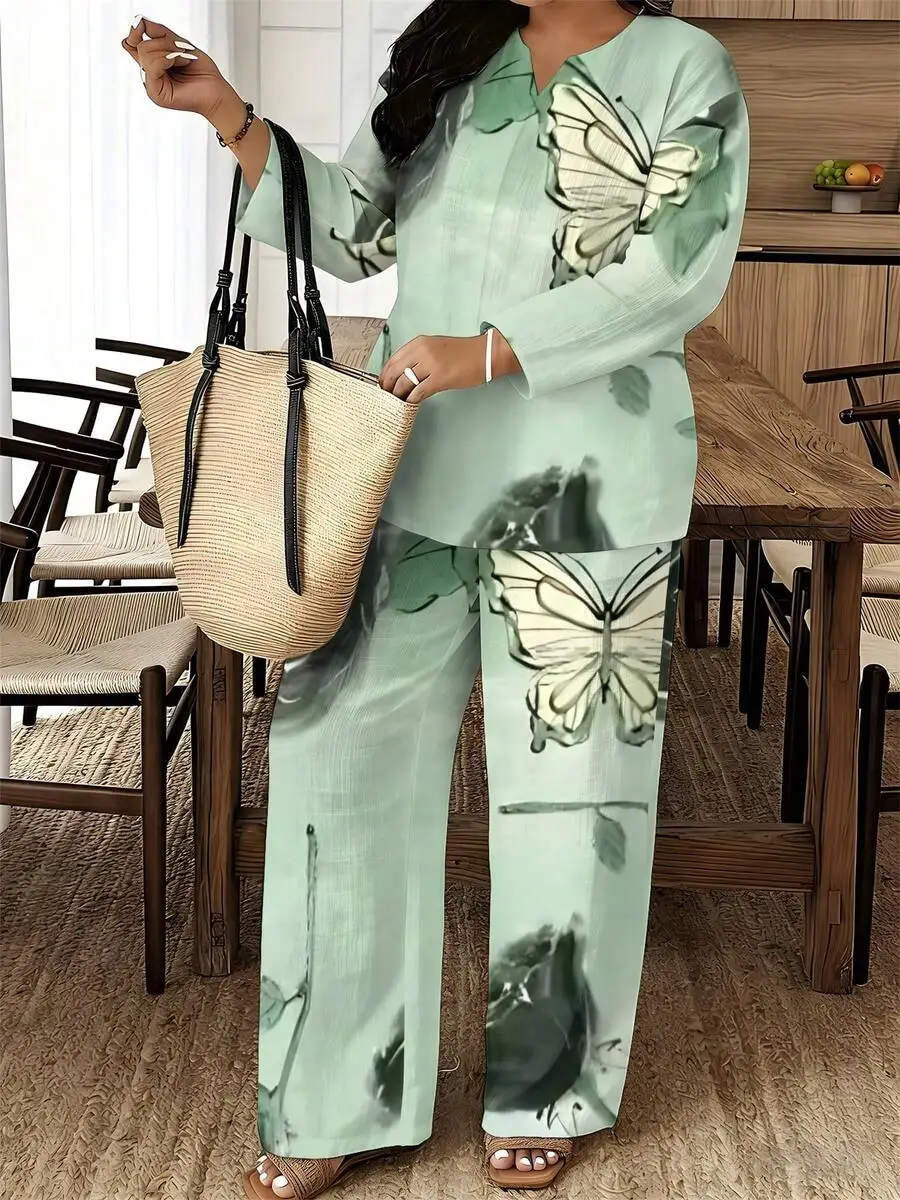 Light Green Ink Wash Butterfly Print Linen Cotton Blend Womens V-Neck 3/4 Sleeve Loose Wide Leg Pants Set
Light Green Ink Wash Butterfly Print Linen Cotton Blend Womens V-Neck 3/4 Sleeve Loose Wide Leg Pants Set