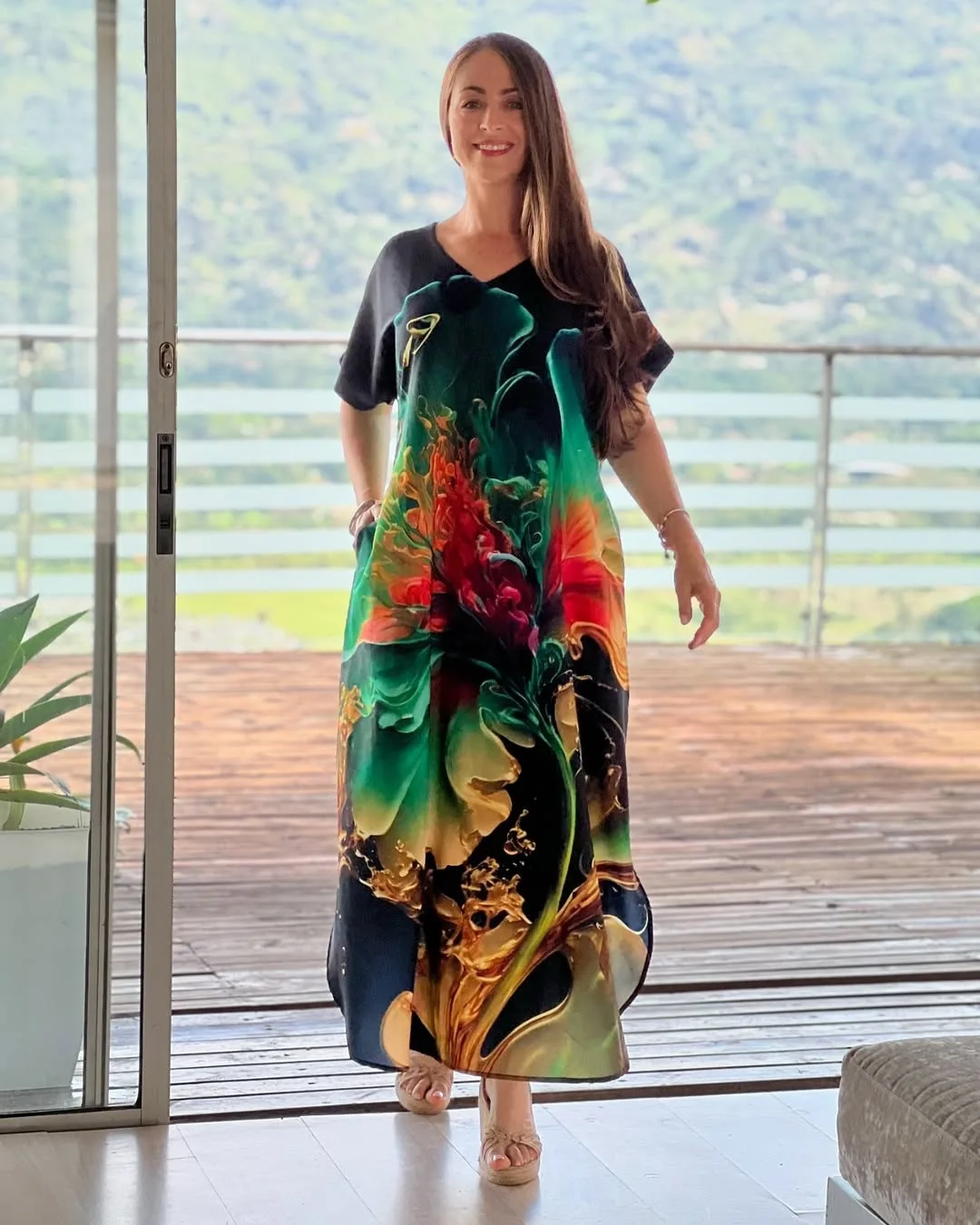Women's Fashionable Dress With Elegant Print Loose Slit V-neck Large Size Spring Summer Short Sleeved Jumpsuit Long Skirt
Women's Fashionable Dress With Elegant Print Loose Slit V-neck Large Size Spring Summer Short Sleeved Jumpsuit Long Skirt