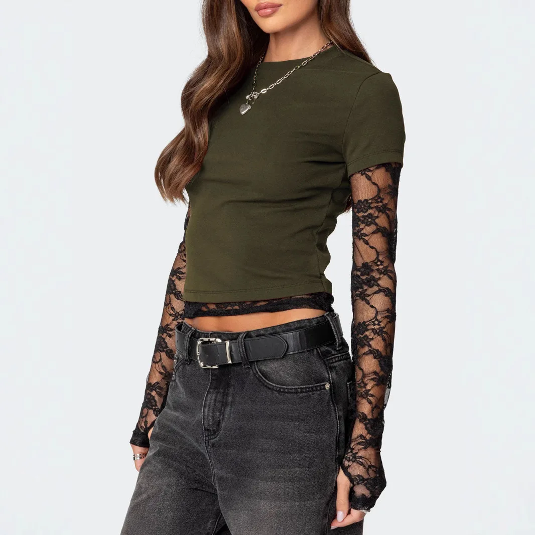Women's Y2K Vintage Long Sleeve T-Shirt Lace Applique Sleeve Two-Piece Illusion Crew Neck Tops
Women's Y2K Vintage Long Sleeve T-Shirt Lace Applique Sleeve Two-Piece Illusion Crew Neck Tops
