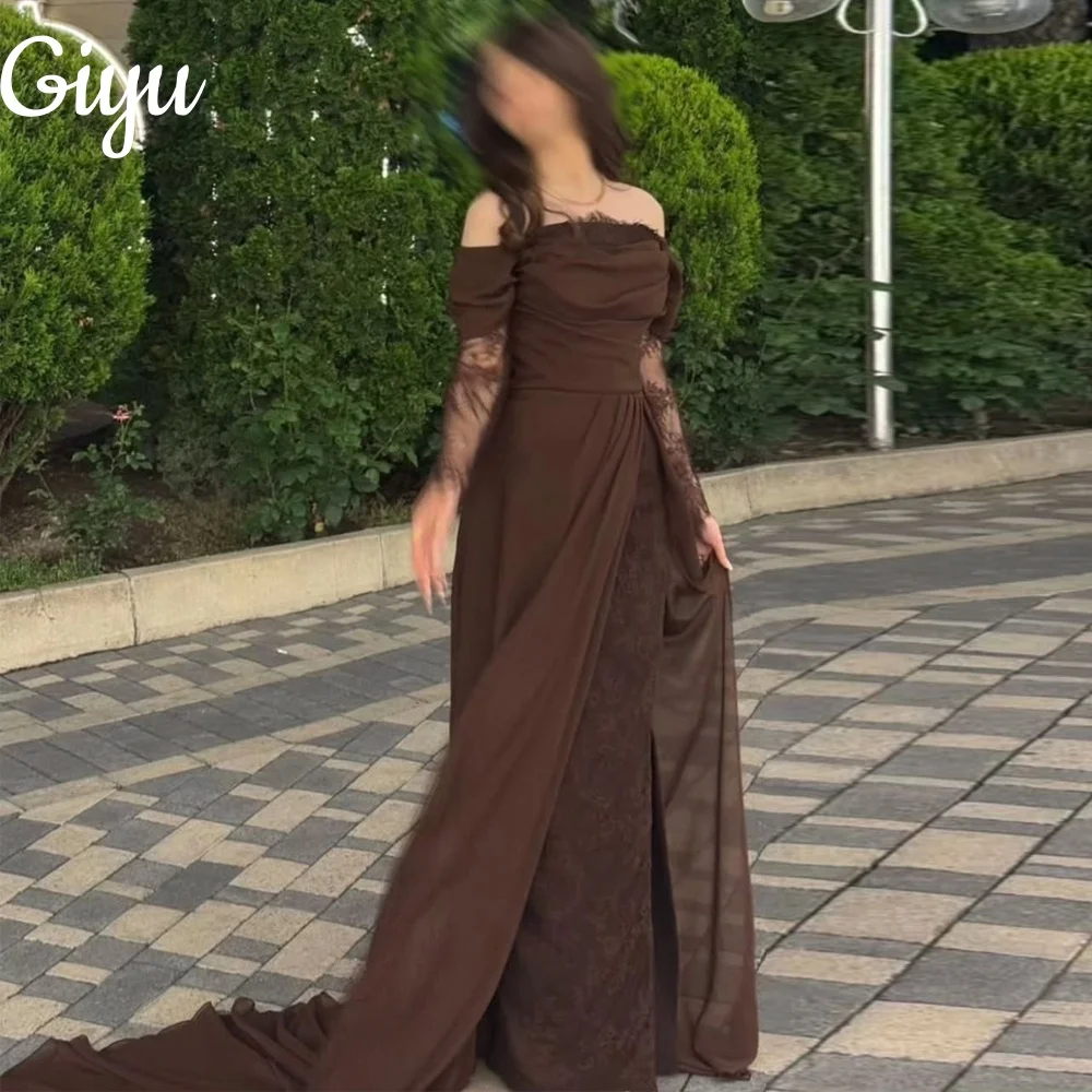 Giyu Elegant Brown Off Shoulder Evening Dress Sheath Saudi Arabia Long Sleeve Chiffon Prom Dresses Customsied 2025فساتين
Giyu Elegant Brown Off Shoulder Evening Dress Sheath Saudi Arabia Long Sleeve Chiffon Prom Dresses Customsied 2025فساتين
