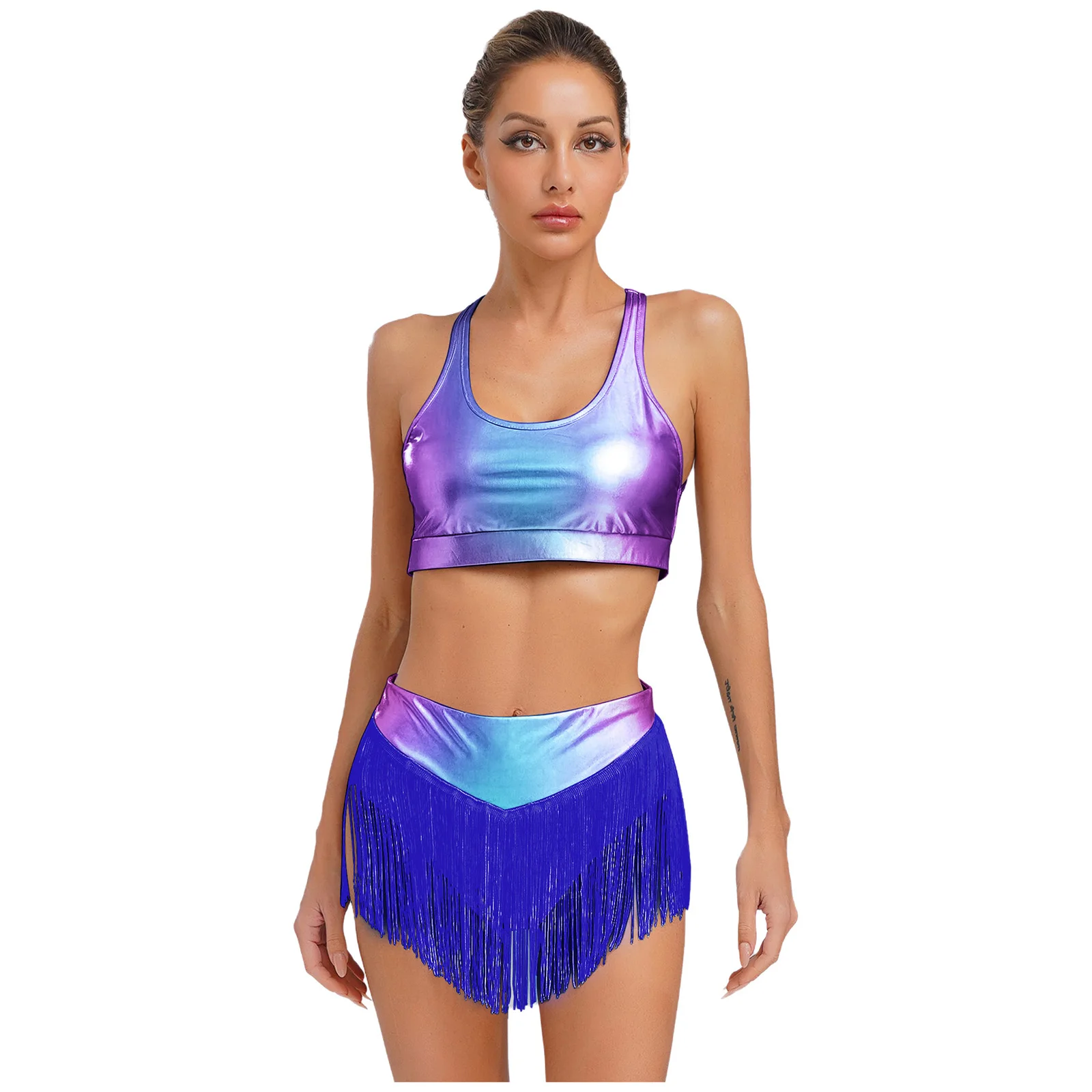 Womens Metallic Latin Dance Outfit with Flowing Fringe Sleeveless Crop Top And Briefs Shorts Suit Or Club Night Pole Dance Wear
Womens Metallic Latin Dance Outfit with Flowing Fringe Sleeveless Crop Top And Briefs Shorts Suit Or Club Night Pole Dance Wear