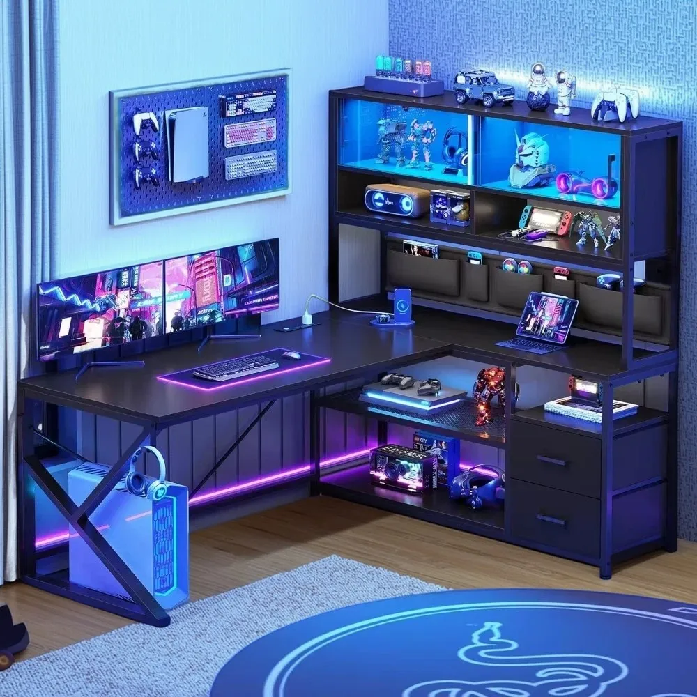 L Shaped Gaming Desk, Home Office Computer Desk with 2 Drawer and Bookshelf, L Shaped Gaming Desk with LED Light, Glass C
L Shaped Gaming Desk, Home Office Computer Desk with 2 Drawer and Bookshelf, L Shaped Gaming Desk with LED Light, Glass C