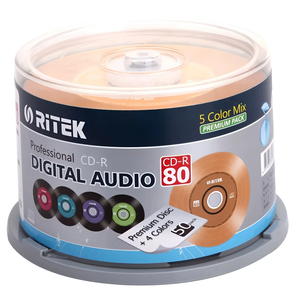 50PCS Ritek 5-Color Mix Vinyl Black CD-R Blank Recordable CDs 700MB 80min 52x Speed for Car Music Professional Quality
50PCS Ritek 5-Color Mix Vinyl Black CD-R Blank Recordable CDs 700MB 80min 52x Speed for Car Music Professional Quality
