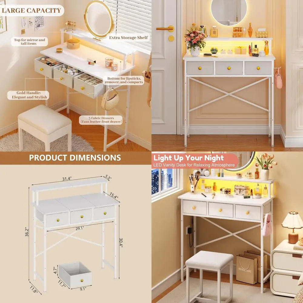 Компактный стол для макияжа со светодиодной подсветкой для девочек с 3-мя тканевыми ящиками, золотой фурнитурой, полкой для хранения и боковыми крючками - белый туалетный столик f
Компактный стол для макияжа со светодиодной подсветкой для девочек с 3-мя тканевыми ящиками, золотой фурнитурой, полкой для хранения и боковыми крючками - белый туалетный столик f