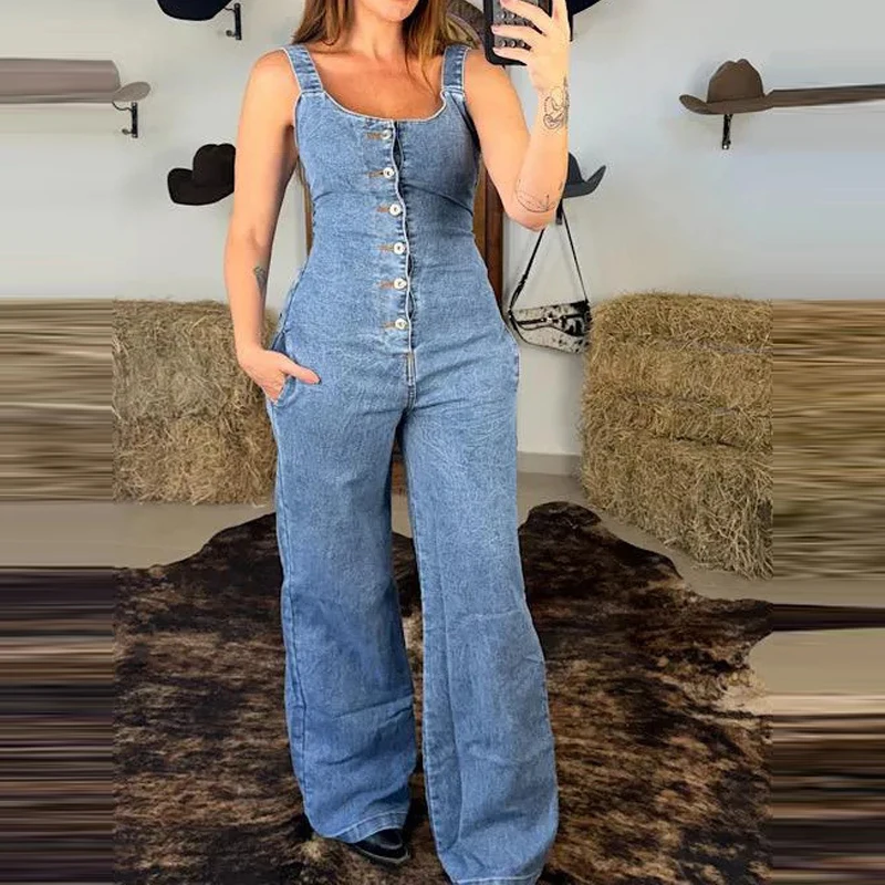 New Fashion Denim Single Breasted Romper Sexy Sleeveless High Waisted Vacation Beach Jumpsuit Lady Elegant Wide Leg Playsuits
New Fashion Denim Single Breasted Romper Sexy Sleeveless High Waisted Vacation Beach Jumpsuit Lady Elegant Wide Leg Playsuits