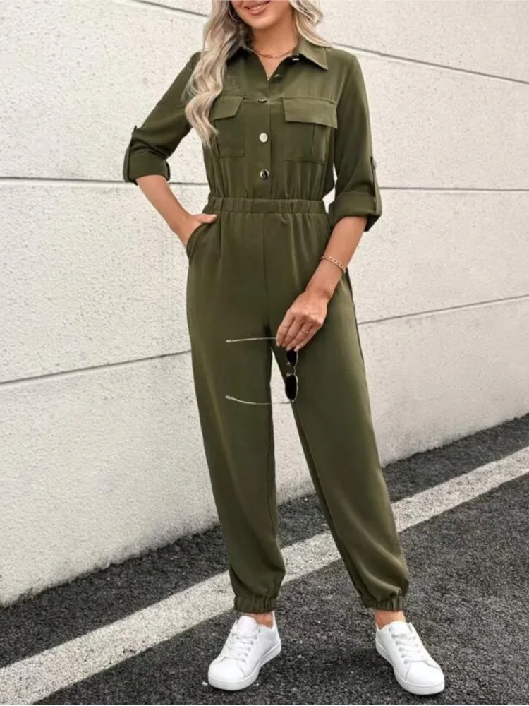 2025 Trend Women's Jumpsuit Fashion Lapel Button Pocket Design Shirt Button Up High Waisted Long Sleeved Cargo Pants Jumpsuit
2025 Trend Women's Jumpsuit Fashion Lapel Button Pocket Design Shirt Button Up High Waisted Long Sleeved Cargo Pants Jumpsuit