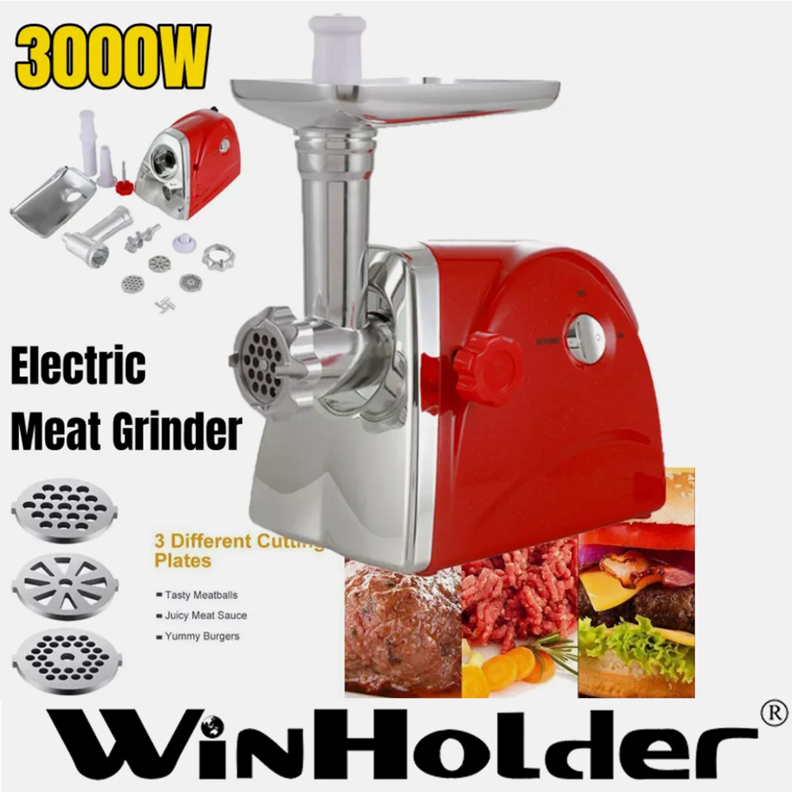 WinHolder 3000W Electric Meat Grinder with Blades+3 stainless steel grinding plates Sausage & Kubbe Maker Kit Food pusher
WinHolder 3000W Electric Meat Grinder with Blades+3 stainless steel grinding plates Sausage & Kubbe Maker Kit Food pusher