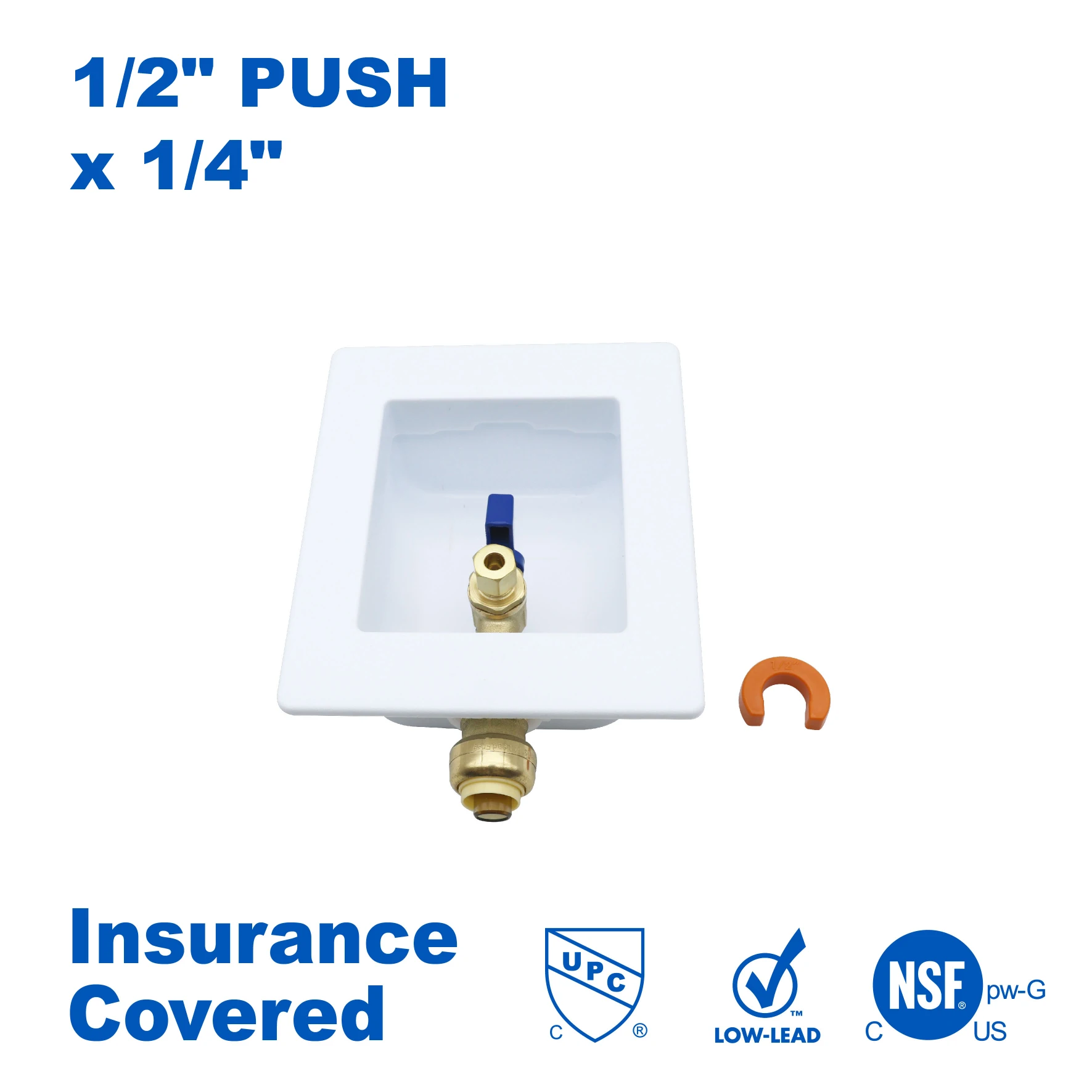 KING SMART Push Fit Connect Ice Maker Outlet Box; 1/2" Push Fit 1/4" Comp. OD outlet, 1/4 Turn; 1 Pcs/Case; 81202
KING SMART Push Fit Connect Ice Maker Outlet Box; 1/2" Push Fit 1/4" Comp. OD outlet, 1/4 Turn; 1 Pcs/Case; 81202