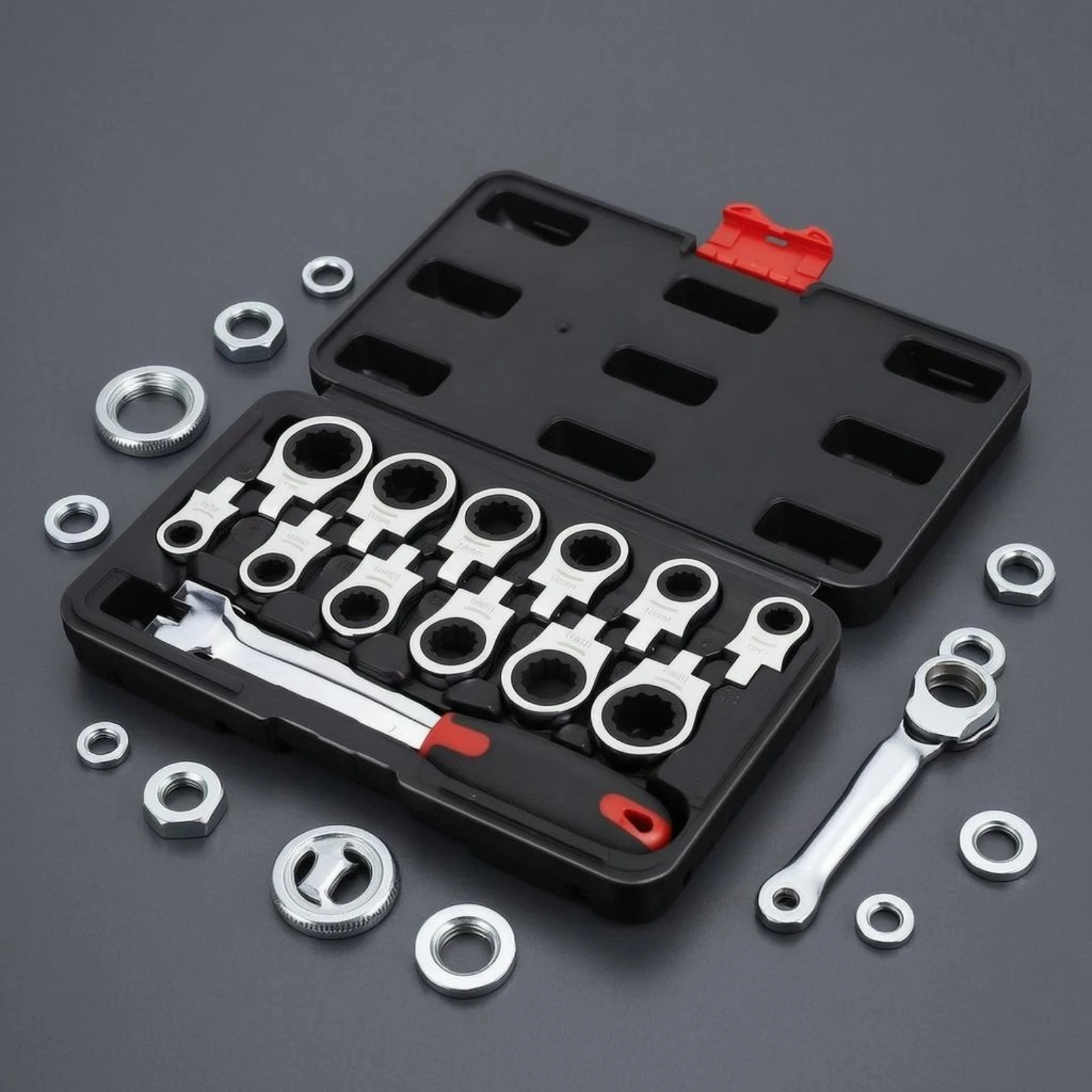 13 Pieces Interchangeable-Head Ratchet Wrench Set Red Latch Hand Tool Repair Kit Circular Openings
13 Pieces Interchangeable-Head Ratchet Wrench Set Red Latch Hand Tool Repair Kit Circular Openings
