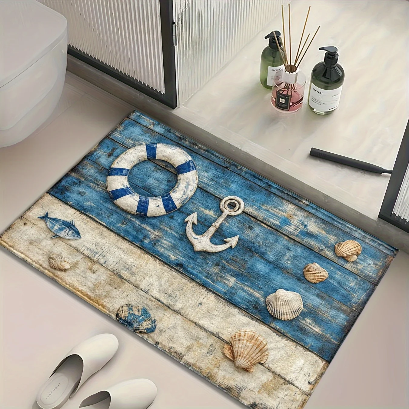 A Nautical Blue and White Wooden Shell Doormat, for Entryways, Kitchens, Bathrooms, and Showers, Fluffy Decorative Rug.
A Nautical Blue and White Wooden Shell Doormat, for Entryways, Kitchens, Bathrooms, and Showers, Fluffy Decorative Rug.