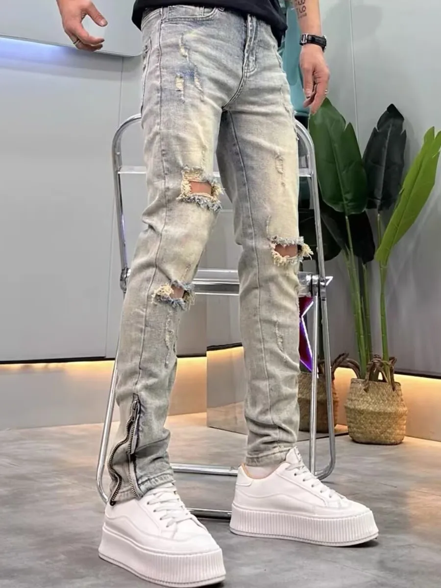 Мужские джинсы скинни в стиле ретро, тонкие летние утягивающие джинсы до колена с царапинами, крутые модные дышащие длинные брюки
Мужские джинсы скинни в стиле ретро, тонкие летние утягивающие джинсы до колена с царапинами, крутые модные дышащие длинные брюки