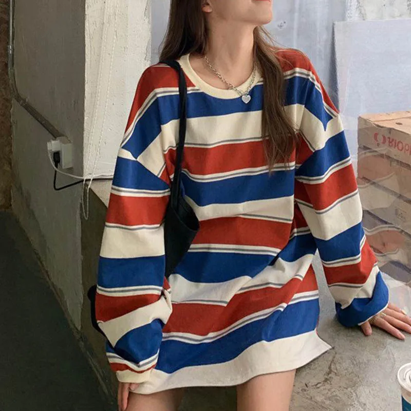Loose Stripe O-neck T-shirt Woman's Korea Oversized Long Sleeve Tops Woman Casual 2XL Long T-shirts Harajuku Women Autumn
Loose Stripe O-neck T-shirt Woman's Korea Oversized Long Sleeve Tops Woman Casual 2XL Long T-shirts Harajuku Women Autumn
