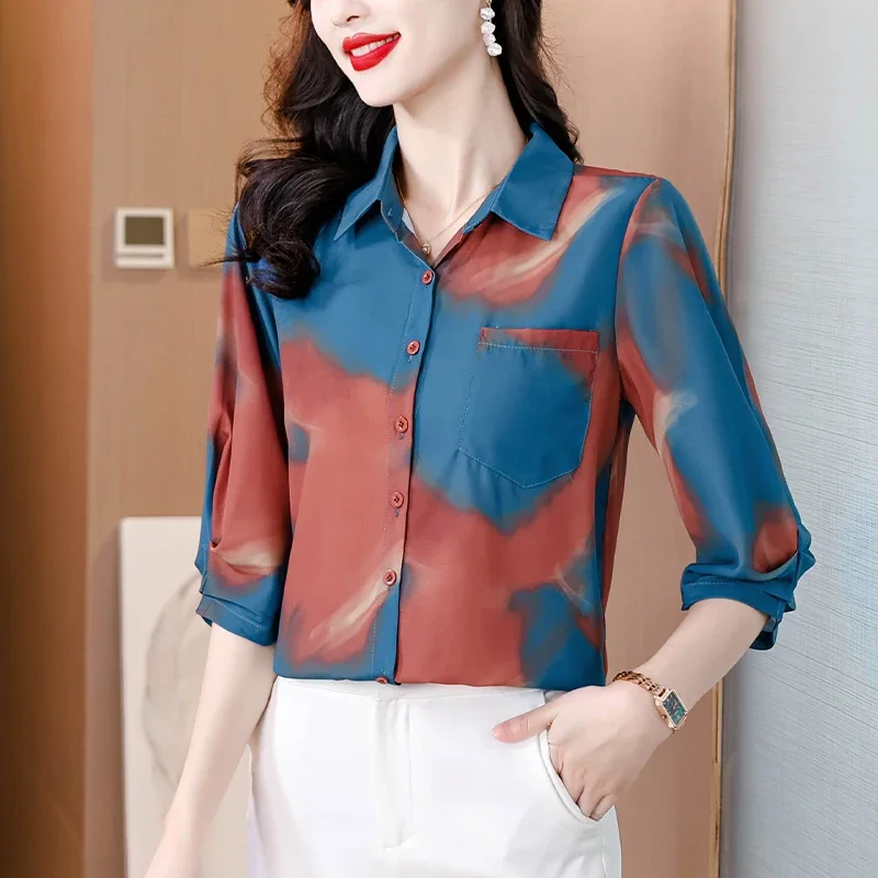 Chiffon Vintage Women's Shirt Spring/Summer Printed Korean Clothing Loose Long Sleeve Polo-neck Tops Pockets Women Blouses
Chiffon Vintage Women's Shirt Spring/Summer Printed Korean Clothing Loose Long Sleeve Polo-neck Tops Pockets Women Blouses