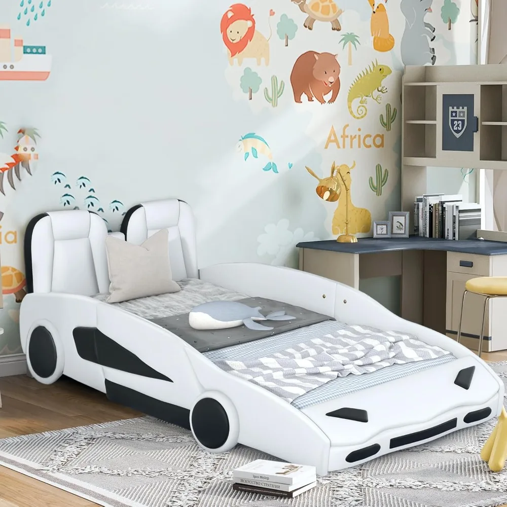 Children's double bed frame, racing shaped wooden, with guardrails and cushions, wheels and support plates, children's bed
Children's double bed frame, racing shaped wooden, with guardrails and cushions, wheels and support plates, children's bed
