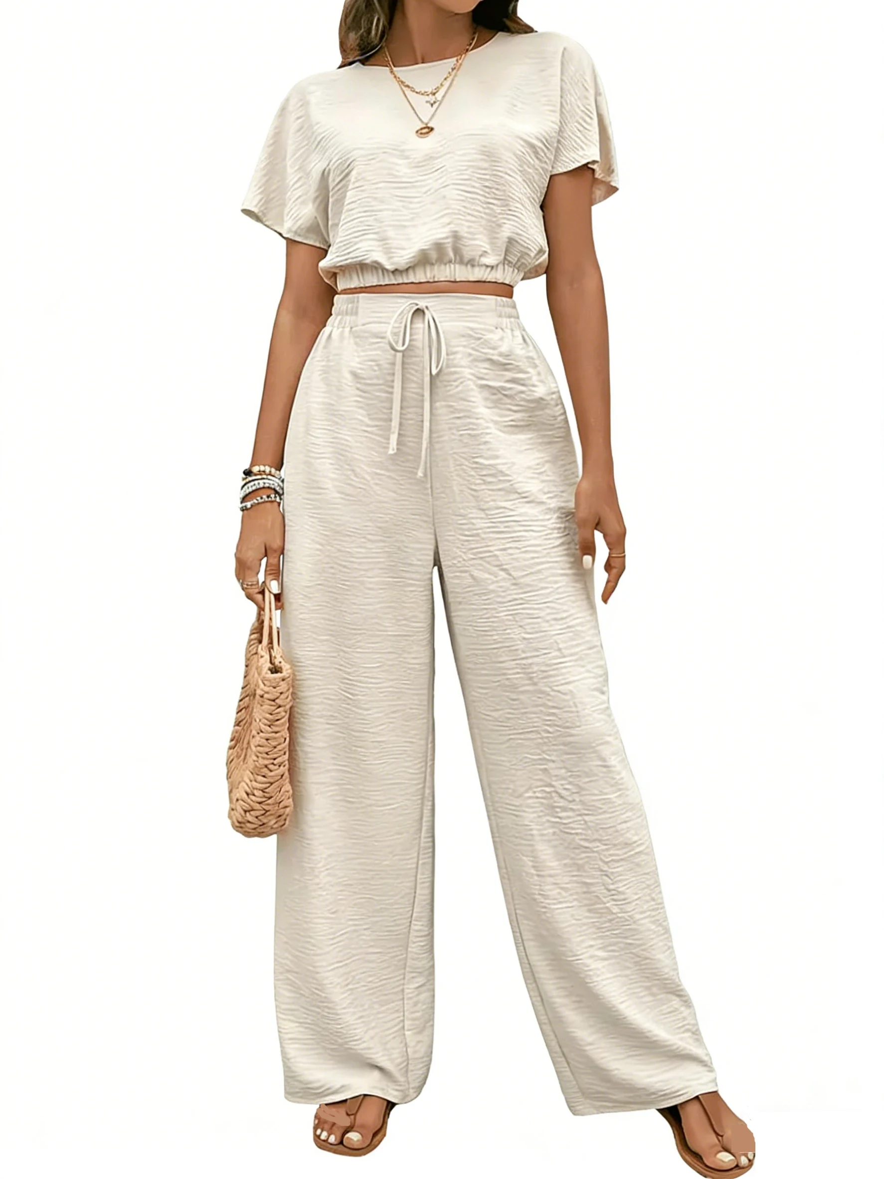 Womens Solid color Cropped T-shirt and High waist cinched straight leg pants slim fit two-piece sets
Womens Solid color Cropped T-shirt and High waist cinched straight leg pants slim fit two-piece sets