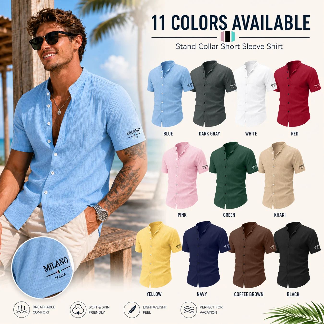Men's Summer Stand Collar Shirt, Textured Short Sleeve Button Top With Sleeve Letter Print, Casual Beach Vacation Wear
Men's Summer Stand Collar Shirt, Textured Short Sleeve Button Top With Sleeve Letter Print, Casual Beach Vacation Wear